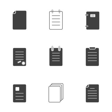 Formlar, belgeler, formlar, Internet ve mobil cihazlar için bir not defteri simgeler kümesi. Beyaz arka plan üzerinde vektör