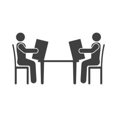 El ile bir menü masada oturan insanlar simgesi. Beyaz arka plan üzerinde vektör çizim