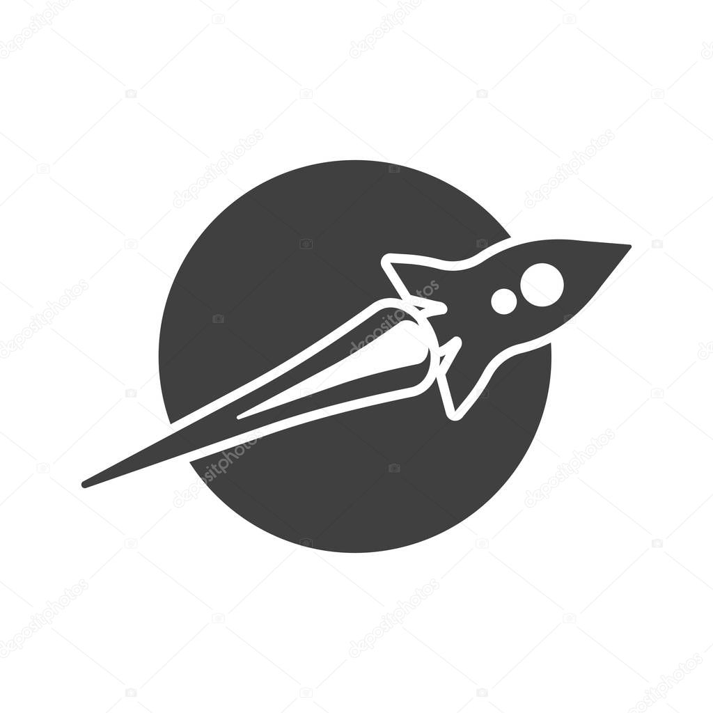 The missile icon flies around the planet. Vector illustration on white background.