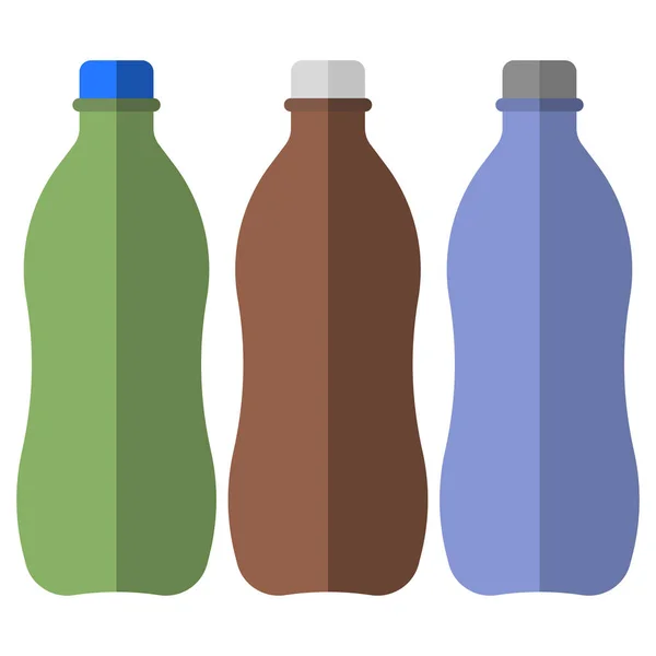 Tres botellas de plástico de diferentes colores para diferentes bebidas. Una imagen vectorial plana sobre un fondo blanco . — Vector de stock
