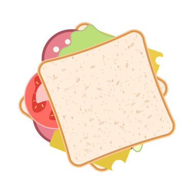 Bir sandviç sosis, peynir, salata ve domates ile resmi. Beyaz arka plan üzerinde vektör çizim