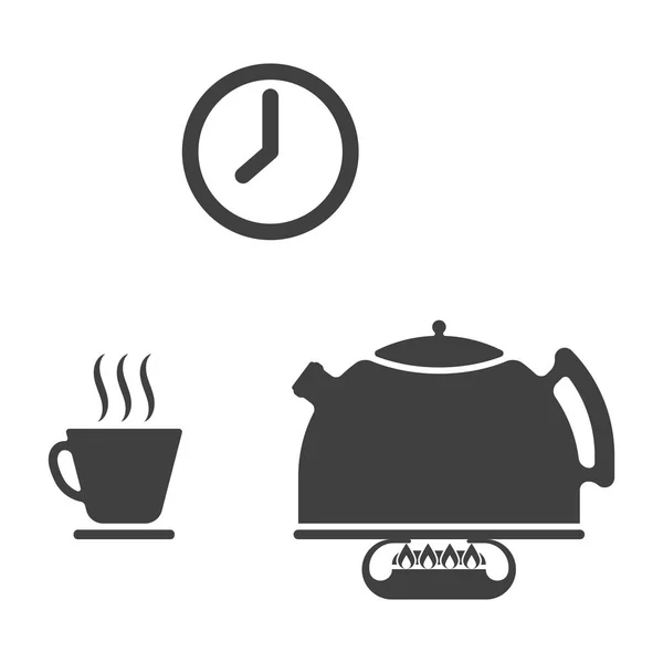 Çay içme - üç Icons set bir su ısıtıcısı gaz brülör, bir kupa üzerinde sıcak içecek ve bir saat. Beyaz arka plan üzerinde vektör çizim. — Stok Vektör