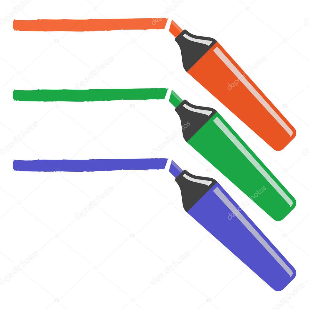 Set of three markers of different colors conducting the line. Can be used to highlight the object and according to your desire. Vectonic illustration on white background.