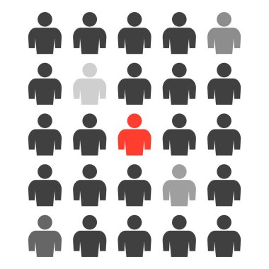 Bir grup insan simgesi ile birden fazla kişiye yelpazesi farklı derecelerde toplam kütle ve kırmızı renkte bir kişi. Beyaz arka plan üzerinde vektör çizim.