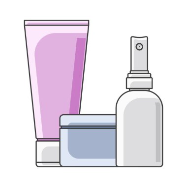 Simge tüp, teneke ve şişe. Çok renkli yürütme. Sprey şişe ön planda. Beyaz arka plan üzerinde izole vektör