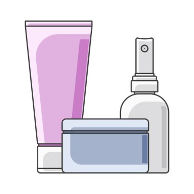 Simge tüp, teneke ve şişe. Çok renkli yürütme. Ön planda kavanoz. Beyaz arka plan üzerinde izole vektör