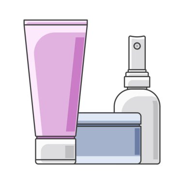 Simge tüp, teneke ve şişe. Çok renkli yürütme. Bir tüp ön planda. Beyaz arka plan üzerinde izole vektör