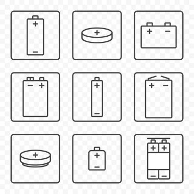 Set of contour battery icons. Vector on transparent background. Each icon in a separate frame. clipart