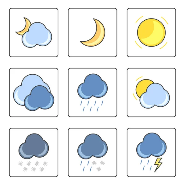 별도 프레임 워크에서 날씨와 다 색된 아이콘의 집합입니다. 흰색 배경에서 벡터 일러스트 레이 션. — 스톡 벡터