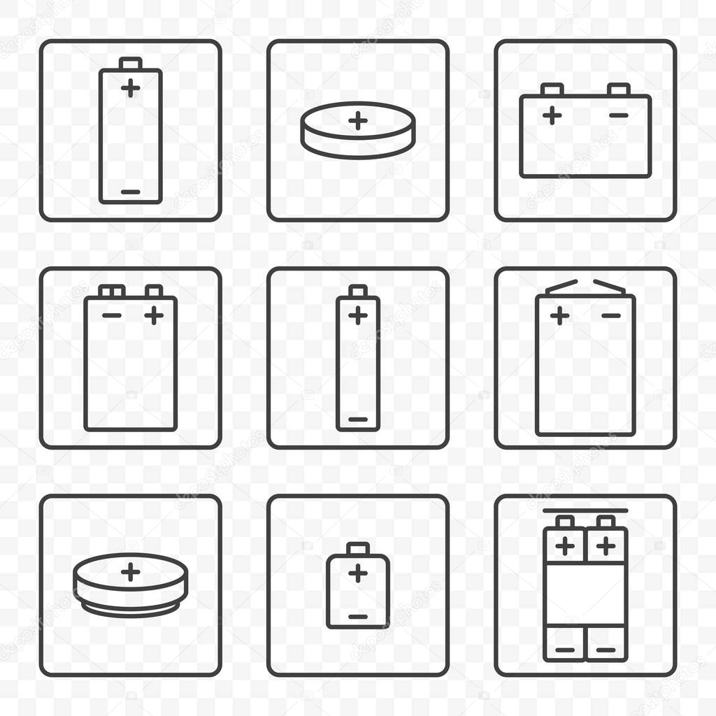 Set of contour battery icons. Vector on transparent background. Each icon in a separate frame