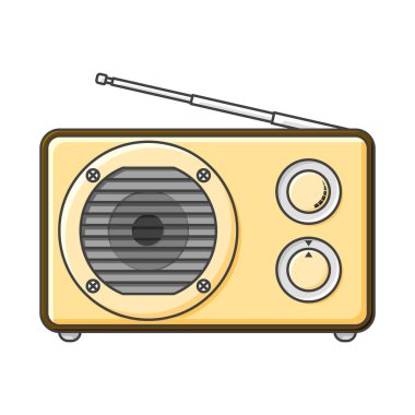 Büyük bir hoparlör ve sinyal ve ses ayar düğmeleri ile analog radyo simgesi. Beyaz arka plan üzerinde vektör çizim.