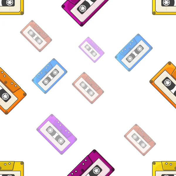 Patrón sin costuras de iconos de cassette de audio multicolor. Ilustración vectorial aislada sobre fondo blanco . — Archivo Imágenes Vectoriales