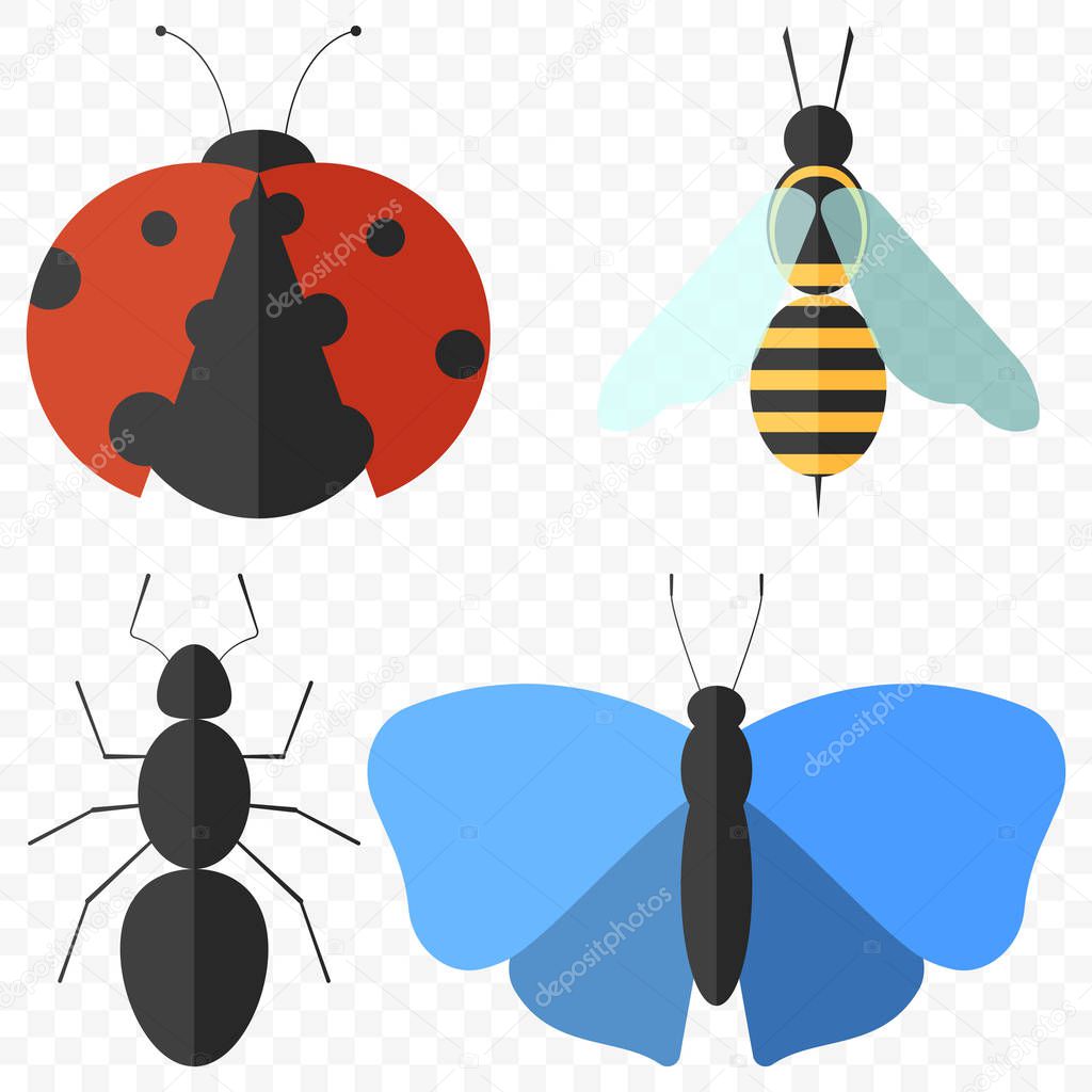 A set of four simple insects - a ladybug, an ant, a butterfly and a bee. Isolated vector illustration on a transparent background.