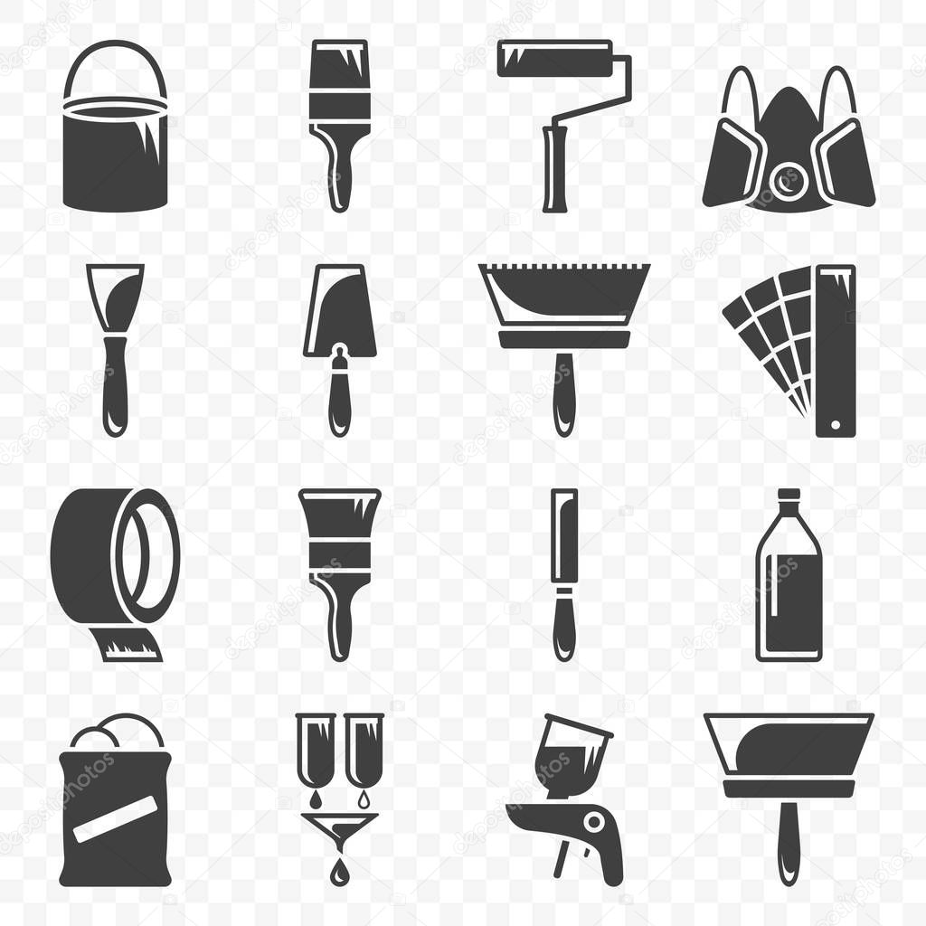Set of icons related to painting and paint work. Vector on transparent background.