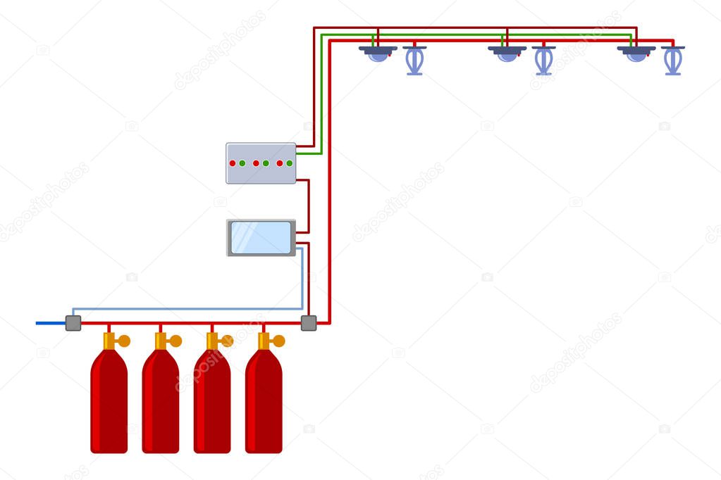 Automatic fire extinguishing system. Autonomous complex. Vector illustration on white background.