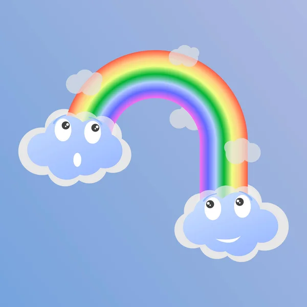 Verbaasd en vreugdevolle wolken en een regenboog tussen hen. Vectorillustratie. — Stockvector