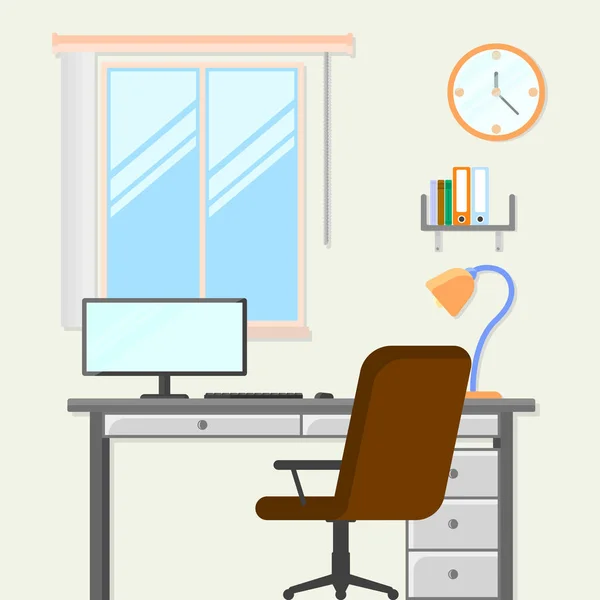 Kamer met tafel, stoel en computer. Werkplek. Vectorillustratie. — Stockvector