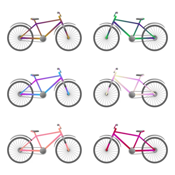 Ensemble de vélos avec différentes couleurs. Vecteur sur fond blanc . — Image vectorielle