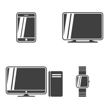 Tek stilde görüntü simgesi seti-TV, telefon, saat ve bilgisayar. Beyaz arka planda vektör.