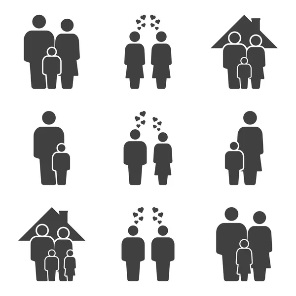 家庭图标集。婚姻状况的不同变体。白色背景上的矢量. — 图库矢量图片