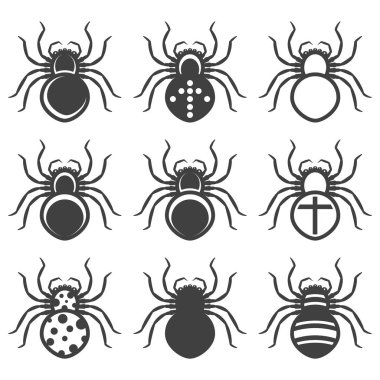 Farklı bir renk deseni ile örümceklerin simgeleri kümesi. Beyaz arka planda yalıtılmış vektör.