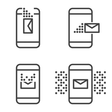 Mobil cihazda dört ileti simgesi kümesi. Alın, gönderin, silin ve uyarı verin. Beyaz arka planda vektör.