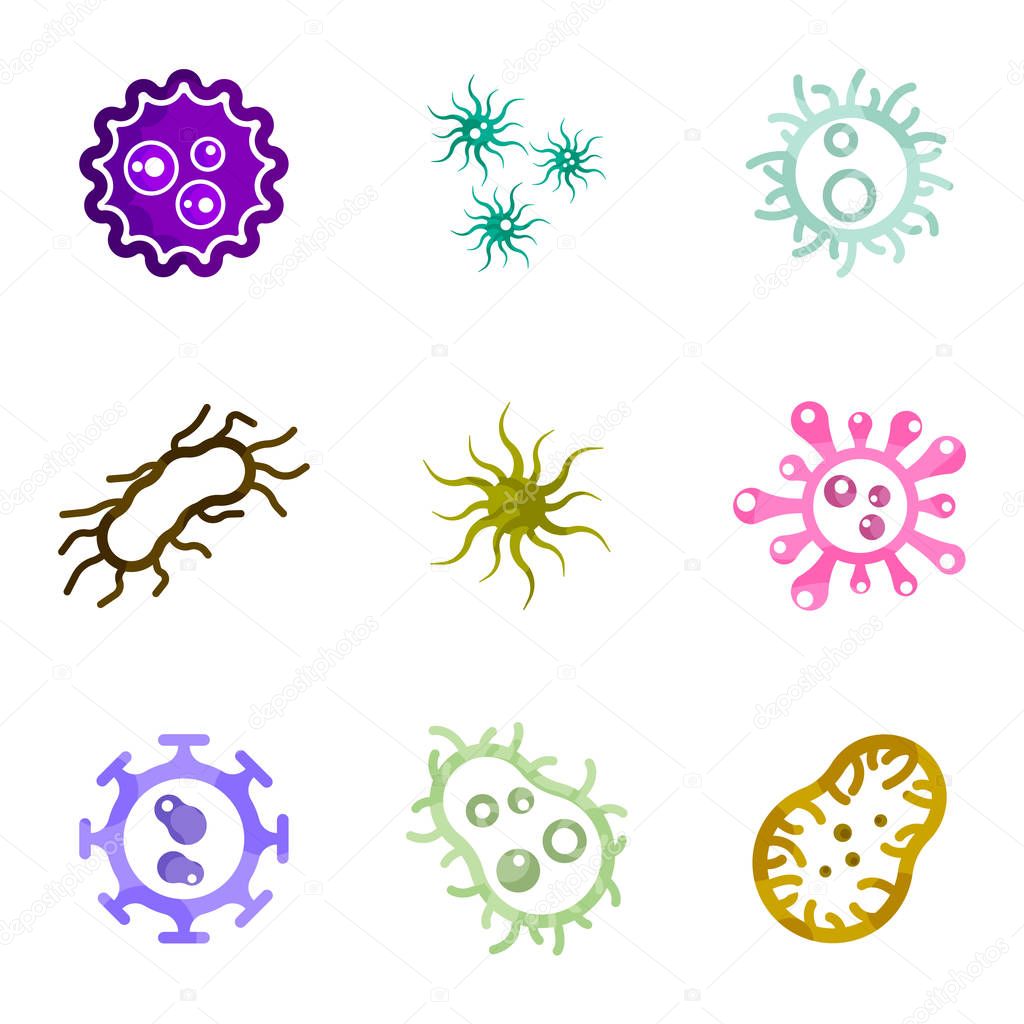 Set of color icons of viruses and bacteria. Vector on white background.