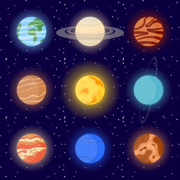 Ícones de planetas do sistema solar e do sol. Desenhos animados ilustração vetorial sobre o fundo cósmico . — Vetor de Stock