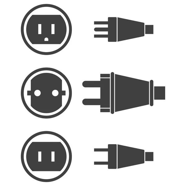 Symbole der elektrischen Stecker und Steckdosen drei Arten. Vektor auf transparentem Hintergrund. — Stockvektor
