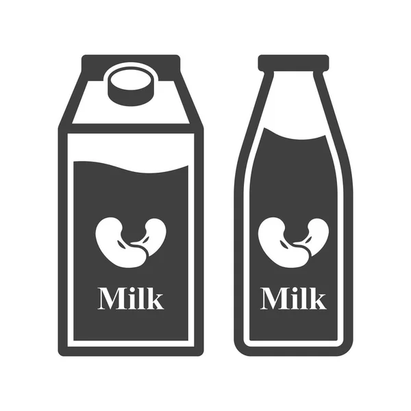 Icon leite de soja em uma garrafa de vidro e embalagem de papel. Vetor sobre um fundo branco . — Vetor de Stock