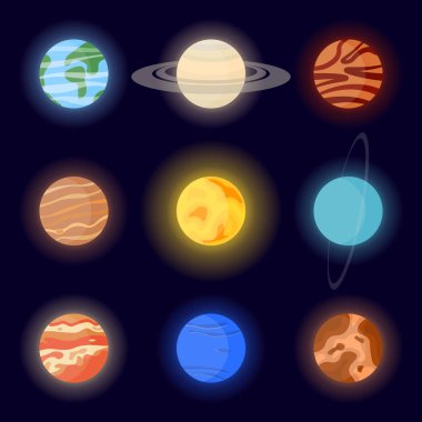 Güneş sistemi ve güneş gezegenlerinin simgeleri. Yıldız olmadan uzay arka planda karikatür vektör illüstrasyon.