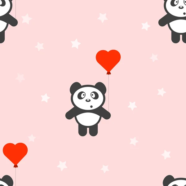 Panda con un globo. Patrón sin costuras. Vector sobre fondo rosa con estrellas . — Archivo Imágenes Vectoriales