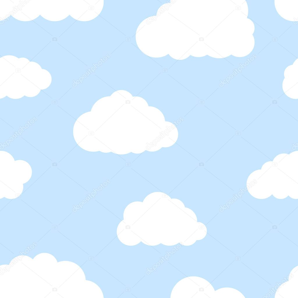 Seamless pattern with cartoon clouds on a blue sky. Simple image. Vector illustration