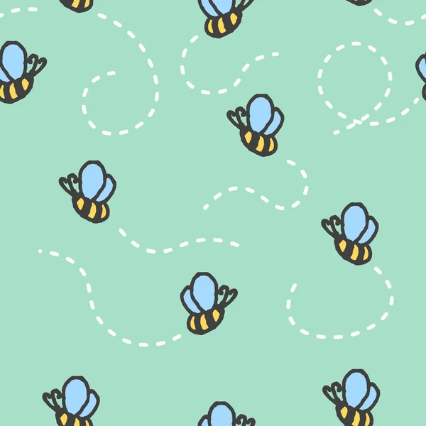 Patrón Sin Costuras Con Abejas Dibujadas Mano Sobre Fondo Verde — Vector de stock