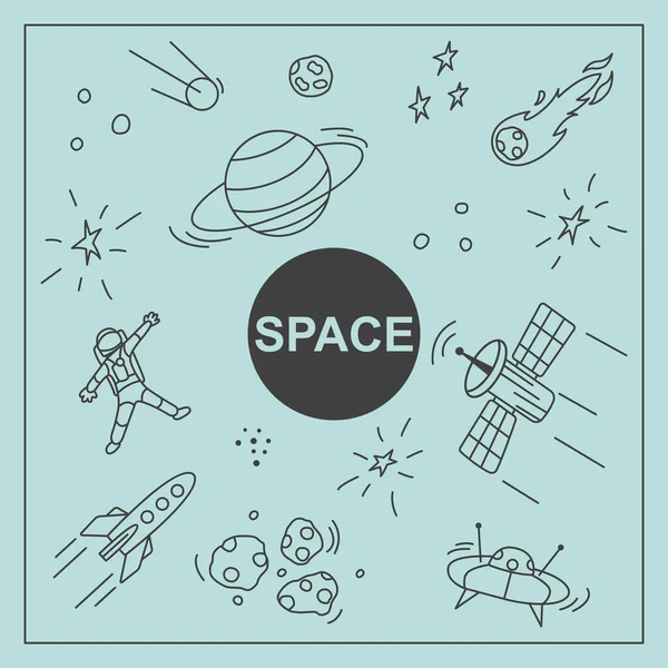 シート上の自由な配置で手描きのスペースアイコンのセット。小惑星、惑星、宇宙飛行士など。クリーンな背景の独立したベクトル. — ストックベクタ