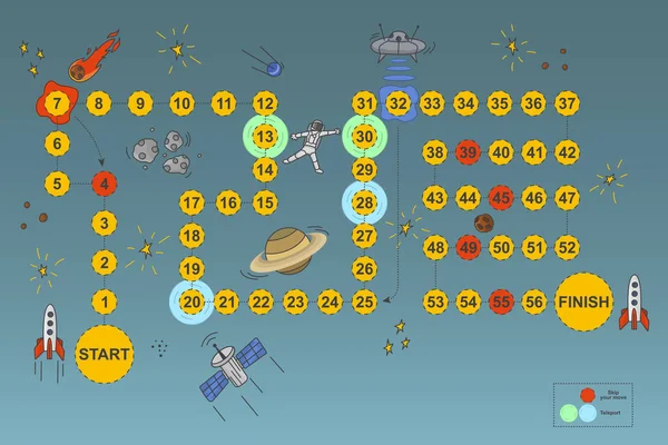 우주 테마에서 아이들을 위한 보드게임에 대한 벡터 그림. 많은 덫, 장애물, 스토리 트위스트와 함께 고전 보드 게임의 정신으로 흥미진진 한 우주를 여행. 벡터 그래픽