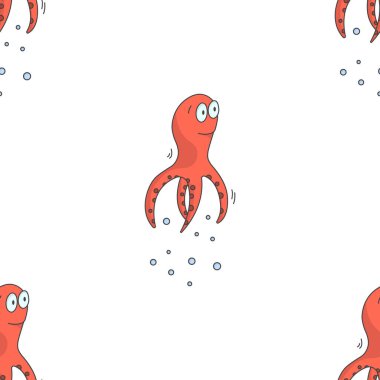 Çizgi film ahtapotlarıyla kusursuz desen. Serbest çizim. Beyaz arkaplanda vektör illüstrasyonu.