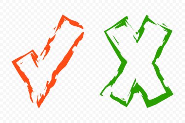 Kabul ve ret sembolü oy için vektör düğmeleri, seçim seçimi. Çember fırça darbesi sınırları. Sembolik OK ve X simgesi beyazda izole edildi. Tik ve işaretler, işaretler. Boş karakter..