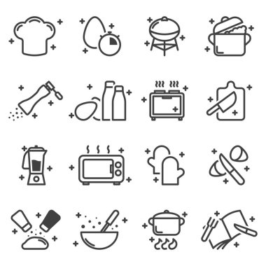 Yemek ikonları hazır. Pişirme işlemi ile ilişkili basit doğrusal resimler. Beyaz arkaplanda izole edilmiş vektör.