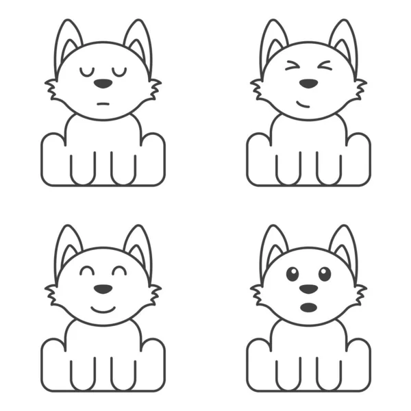 자기 색칠을 하기 위해 얼굴이 서로 다른 귀여운 강아지 세트. 놀라고, 만족하고, 우울하고, 행복 한 개. 흰색 배경 위에 분리 된 벡터 삽화. 스톡 벡터