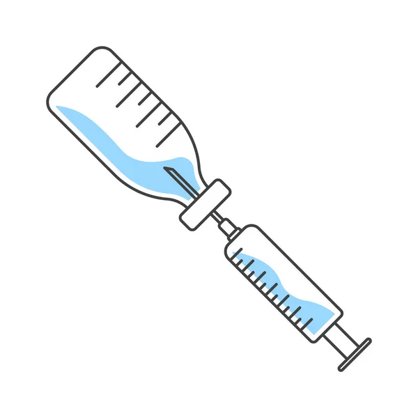 Ikona strzykawki medycznej wypełniającej sól fizjologiczną. Kreskówkowe przedstawienie procesu napełniania leku w pozycji ukośnej. Izolowany wektor na białym tle. — Wektor stockowy