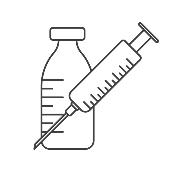 Icono de una jeringa médica y un frasco de medicamento o solución salina. Imagen lineal simple. Vector aislado sobre fondo blanco. — Vector de stock