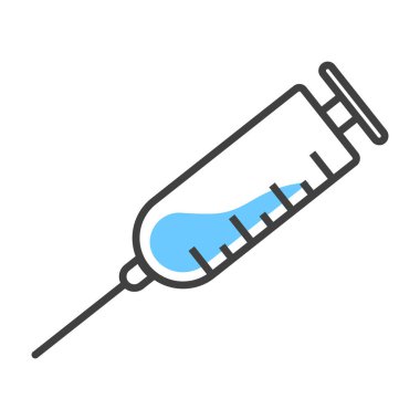 İçinde enjeksiyon olan tıbbi şırınga ikonu. Çizgi film doğrusal performansı. Beyaz arkaplanda izole edilmiş vektör.