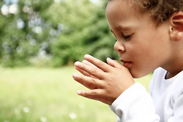 Kleiner Junge Betet Gott Aktienbild Mit Zusammengehaltenen Händen Aktienfoto — Stockfoto