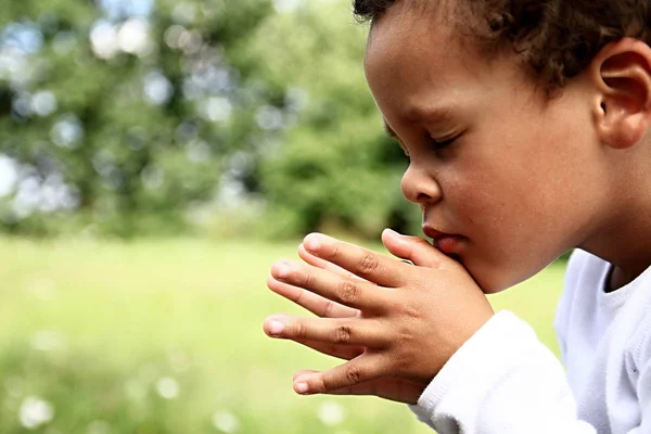 Kleiner Junge Betet Gott Aktienbild Mit Zusammengehaltenen Händen Aktienfoto — Stockfoto