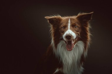 Mutlu sınır köpekleri. Stüdyo çekimi. Huysuz karanlık ışık, karanlık arkaplan.