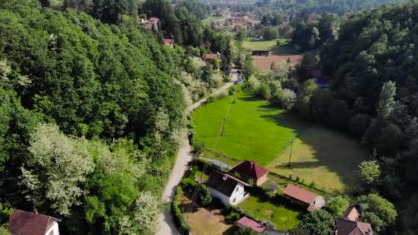 Luchtfoto Drone Schot Oost Europese Bergdorp Omringd Met Bos Weelderig — Stockvideo