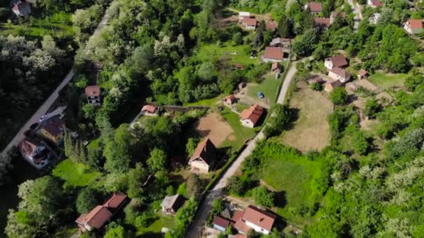 空中无人机在被森林包围的东欧山村上空射击 夏天郁郁葱葱的绿树 Uhd — 图库视频影像
