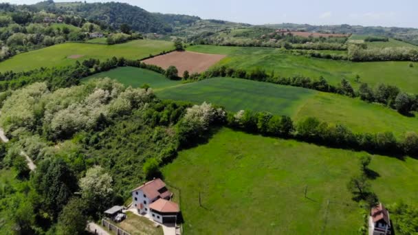 Aereo Drone Girato Sopra Villaggio Montagna Est Europeo Circondato Foresta — Video Stock