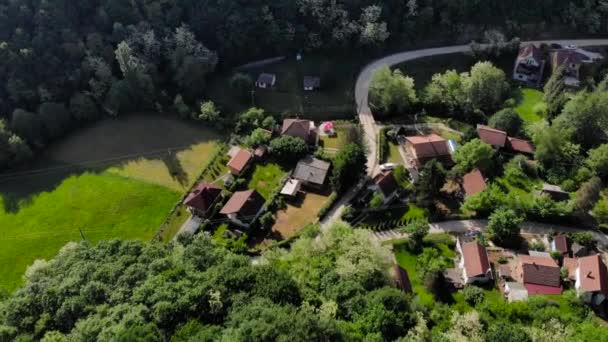 空中ドローンは 森林に囲まれた東ヨーロッパの山の村で撮影 夏の間に緑豊かな緑の木々 Uhd で撮影 — ストック動画